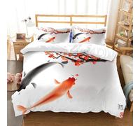 NIOYNJIS Copertina trapunta kit,universale per tutte le stagioni. Copritura trapunta di nozze,morbida e confortevole,Ramo di Sakura in fiore e due grandi pesci su sfondo bianco luminoso.,200x228cm
