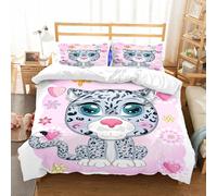 NIOYNJIS Copertina trapunta kit,universale per tutte le stagioni. Copritura trapunta di nozze,morbida e confortevole,Leopardo delle nevi dei cartoni animati con occhi espressivi tra fiori,228x264cm