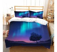 NIOYNJIS Copertina trapunta kit,universale per tutte le stagioni. Copritura trapunta di nozze,morbida e confortevole,Stampa fantasy aurora boreale con un albero nella magica vista del cie,228x264cm