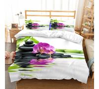 NIOYNJIS Copertina trapunta kit,universale per tutte le stagioni. Copritura trapunta di nozze,morbida e confortevole,orchidee viola con torre di bambù pietre nere sull'acqua,200x228cm