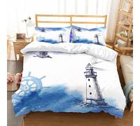 NIOYNJIS Copertina trapunta kit,universale per tutte le stagioni. Copritura trapunta di nozze,morbida e confortevole,Illustrazione ad acquerello di un faro in un mare blu in tempesta con,200x228cm