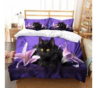 NIOYNJIS Copertina trapunta kit,universale per tutte le stagioni. Copritura trapunta di nozze,morbida e confortevole,gattino nero soffice con gigli su sfondo viola,228x264cm