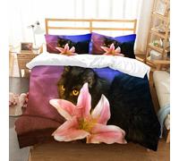 NIOYNJIS Copertina trapunta kit,universale per tutte le stagioni. Copritura trapunta di nozze,morbida e confortevole,gattino nero soffice con gigli su sfondo viola (2),228x264cm