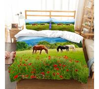 NIOYNJIS Copertina trapunta kit,universale per tutte le stagioni. Copritura trapunta di nozze,morbida e confortevole,Decorazioni animali, vari tipi di cavalli che mangiano erba nel campo,228x264cm