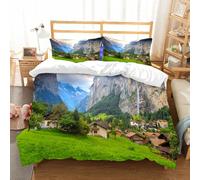 NIOYNJIS Copertina trapunta kit,universale per tutte le stagioni. Copritura trapunta di nozze,morbida e confortevole,Fattoria, città sulle rocce sullo sfondo della cascata Cime europee lu,228x264cm