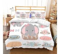 NIOYNJIS Copertina trapunta kit,universale per tutte le stagioni. Copritura trapunta di nozze,morbida e confortevole,Carino elefante con cesto di fiori e fiocco su sfondo bianco. Set di i,228x264cm