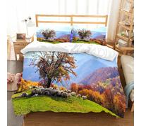 NIOYNJIS Copertina trapunta kit,universale per tutte le stagioni. Copritura trapunta di nozze,morbida e confortevole,Pecora sotto pastore sole mattutino albero autunno fattoriacielo rural,200x228cm