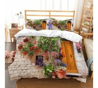 NIOYNJIS Copertina trapunta kit,universale per tutte le stagioni. Copritura trapunta di nozze,morbida e confortevole,Fiori colorati all'esterno di una casa nella città collinare italiana,228x264cm