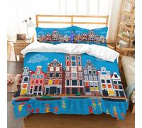 NIOYNJIS Copertina trapunta kit,universale per tutte le stagioni. Copritura trapunta di nozze,morbida e confortevole,Vista vettoriale della città di Amsterdam, canale, tipiche case olande,200x228cm