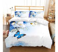 NIOYNJIS Set di biancheria da letto king size, copripiumino in morbida microfibra spazzolata con 2 federe, Fleurs sauvages florales, bleues et blanches avec des papillons monarques Prothès, 228 x 264