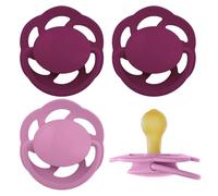 nip Cherry Ciuccio, 0-6 mesi, 4 pezzi, a Forma a ciliegia, Lattice | adatto all'allattamento, adatto alla mascella, tettarella rotonda naturale, in gomma naturale, viola/rosa