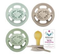 nip - Cherry Green | 0-6 mesi | Ciuccio per l'allattamento con tettarella delicata sui denti per neonati. Ciuccio sostenibile realizzato con materie prime naturali | 4 pezzi, verde chiaro/marrone