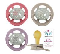 nip - Cherry Green Night | 0-6 mesi | Ciuccio per l'allattamento con pulsante luminoso per neonati. Ciuccio sostenibile realizzato con materie prime naturali | 4 pezzi, viola/rosso