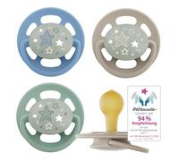 nip - Cherry Green Night | 0-6 mesi | Ciuccio per l'allattamento con pulsante luminoso per neonati. Ciuccio sostenibile realizzato con materie prime naturali | 4 pezzi, blu/verde