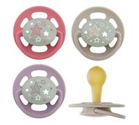 nip - Cherry Green Night | Dai 6 mesi | Ciuccio per l'allattamento con pulsante luminoso per neonati. Ciuccio sostenibile realizzato con materie prime naturali | 4 pezzi, viola/rosso