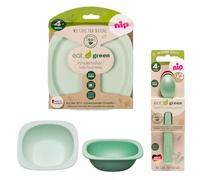 NIP Eat Green - Set di stoviglie a partire dal 4° mese, 2 piatti, 2 vaschette, 3 cucchiai Eat Green Ecologico, lavabili in lavastoviglie, adatti al microonde, Made in Germany, senza BPA, senza