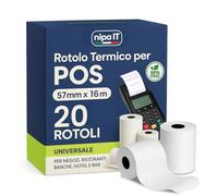 NIPA IT | 20 Rotoli Pos 57mm x 16m x 12mm - Rotolini Pos di Alta Qualità, Compatibile Con Tutti i Dispositivi Pos, BPA Free, Made In Italy