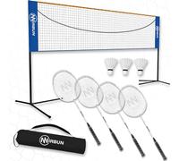 Nirbun - Set da badminton per 4 giocatori con rete | Racchette professionali + 3 volani + borsa per il trasporto | Robusta struttura in metallo | Rete da 5,1 | Gioco per famiglie per interni esterni
