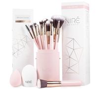 Niré Beauty Pink - Pennelli da trucco rosa da 15 pezzi, premiato, con custodia, spugna per sfumare, detergente per pennelli, guida, confezione regalo