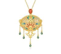 NIRNHYRUR Collana di smeraldi Collana con Ciondolo in Giada Naturale di Hetian dal Design Originale, Motivo a Farfalla Danzante, squisita gioielleria Artigianale in Oro Antico in Stile Palazzo