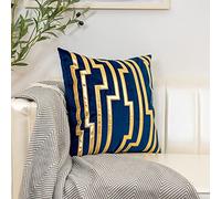 NIRNHYRUR Cuscino Ricamato Confezione da 2 federe Decorative quadrate in Morbido Velluto e Similpelle, con Linee Dorate, for Divano, Poltrona(Blue)
