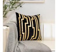 NIRNHYRUR Cuscino Ricamato Confezione da 2 federe Decorative quadrate in Morbido Velluto e Similpelle, con Linee Dorate, for Divano, Poltrona(Black)