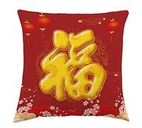 NIRNHYRUR Cuscino Ricamato Copricuscini 45 x 45 cm, Set di 2 federe for Cuscini da Divano con Scritta Fu Word di Buon auspicio, in Cotone e Lino, for la casa.