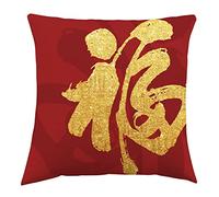 NIRNHYRUR Cuscino Ricamato Copricuscini 45 x 45 cm, Set di 2 federe for Cuscini da Divano con Scritta Fu Word di Buon auspicio, in Cotone e Lino, for la casa.