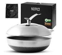 NIRO Wok Antiaderente Triplo Strato (Acciaio Inox + Alluminio) Ø26cm, COPERCHIO INCLUSO, Antigraffio, NO PFOA, Per Piano Cottura Induzione, Ceramica, Elettrico, Gas, Forno, Manico Anti Scottatura