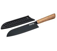 Nirosta Coltello da cucina Santoku in acciaio inox, lama con rivestimento antiaderente, manico in acacia 100% FSC, coltello con custodia protettiva, lavare a mano, dimensione 24 cm, Linea Flow