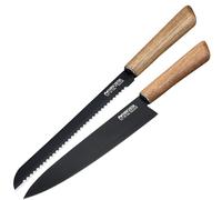 Nirosta Set 2 Coltelli da Cucina in Acciaio Inox, Coltello Pane Seghettato e Coltello Chef Multiuso con Rivestimento Antiaderente, Manico in Legno di Acacia e Custodia Protettiva, Linea Flow