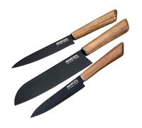 Nirosta Set 3 Coltelli in Acciaio Inox | Coltelli Santoku, a Lama Liscia e Seghettata con Rivestimento Antiaderente | Cotelli da cucina con Manico in Legno di Acacia e Custodia Protettiva, Linea Flow