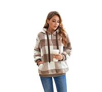 Nirovien - Felpa da donna con cappuccio in pile felpato, con tasche, Plaid cachi., Medium