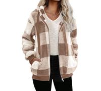 Nirovien Giacca da donna Sherpa Fuzzy con cappuccio e zip oversize in pile cappotto soffice con tasche, B Plaid Bianco Cachi, XX-Large