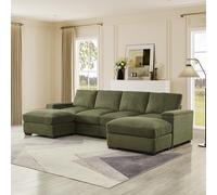 Nirvaer Ampio e comodo divano componibile a forma di U con pouf mobile, contenitore per braccioli, per soggiorno, verde scuro