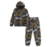 Nirvana Completo unisex per bambini con felpa e pantaloni della tuta grigio scuro e giallo | Girocollo a maniche lunghe con logo cartoon | Abbigliamento da strada per attività all'aria aperta