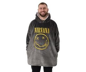 Nirvana Felpa con Cappuccio Coperta indossabile da Uomo | Pullover con Cappuccio Grigio per Adulti con Stampa Grafica del Volto del Logo Abbigliamento da casa Rock Band Foderato in Sherpa