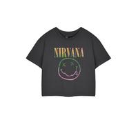Nirvana T-shirt corta grigia da donna a maniche corte | Top corto grafico con logo arcobaleno | Abbigliamento vintage Grunge Band | Regalo merce musicale da donna, Grigio, L