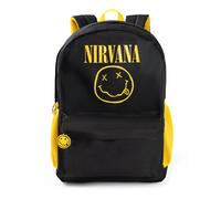 Nirvana Zaino unisex con logo nero | Tessuto resistente con tasca frontale e tasche laterali in rete | Borsa per il ritorno a scuola per trasportare libri e oggetti personali | Merchandising