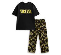 Nirvana Pigiama da Uomo Nero a Maniche Corte e Gamba Lunga Classico con Scollo Rotondo e Logo | Completi da Notte e Relax a Tema Musicale | Merchandising