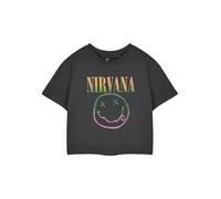 Nirvana T-shirt corta grigia da donna a maniche corte | Top corto grafico con logo arcobaleno | Abbigliamento vintage Grunge Band | Regalo merce musicale da donna, Grigio, XL