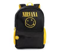 Nirvana Zaino unisex con logo nero | Tessuto resistente con tasca frontale e tasche laterali in rete | Borsa per il ritorno a scuola per trasportare libri e oggetti personali | Merchandising