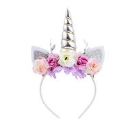 Nishine Cerchietto per capelli con corno di unicorno, con orecchie glitterate, tiara per ragazze, feste, compleanni, cosplay (argento e avorio)