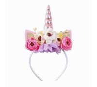 Nishine Cerchietto per capelli con corno di unicorno glitterato, camelia, fascia per capelli con fiore, tiara per feste di compleanno (rosa)