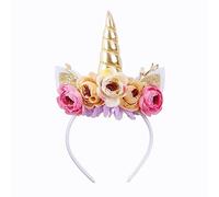 Nishine Cerchietto per capelli con corno di unicorno glitterato, con camelia, fascia per capelli con fiore, tiara per feste di compleanno (oro e rosa)