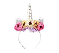 Nishine Cerchietto per capelli con corno di unicorno glitterato, con camelia, fascia per capelli con fiore, tiara per feste di compleanno,Argento e rosa
