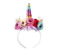 Nishine Cerchietto per capelli con corno di unicorno glitterato e camelia, fascia per capelli con fiore, tiara per feste di compleanno (arcobaleno)