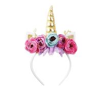 Nishine Cerchietto per capelli con corno di unicorno glitterato e camelia, fascia per capelli con fiore, tiara per feste e compleanni, colore: oro e turchese