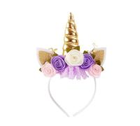 Nishine Cerchietto per capelli in tessuto non tessuto con fiori e orecchie di gatto, tiara con corno glitterato, per cosplay, feste a tema unicorno (oro, avorio)