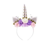 Nishine Cerchietto per capelli in tessuto non tessuto con fiori e orecchie di gatto, tiara con corno glitterato, per cosplay, feste a tema unicorno (argento, avorio)